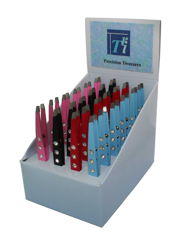 TRI counter top diamante tweezers in four colours. Broad slant.